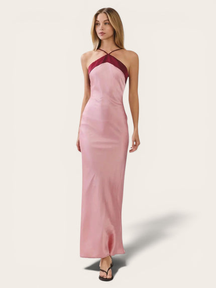 Pink Satin Halter Maxi Dress