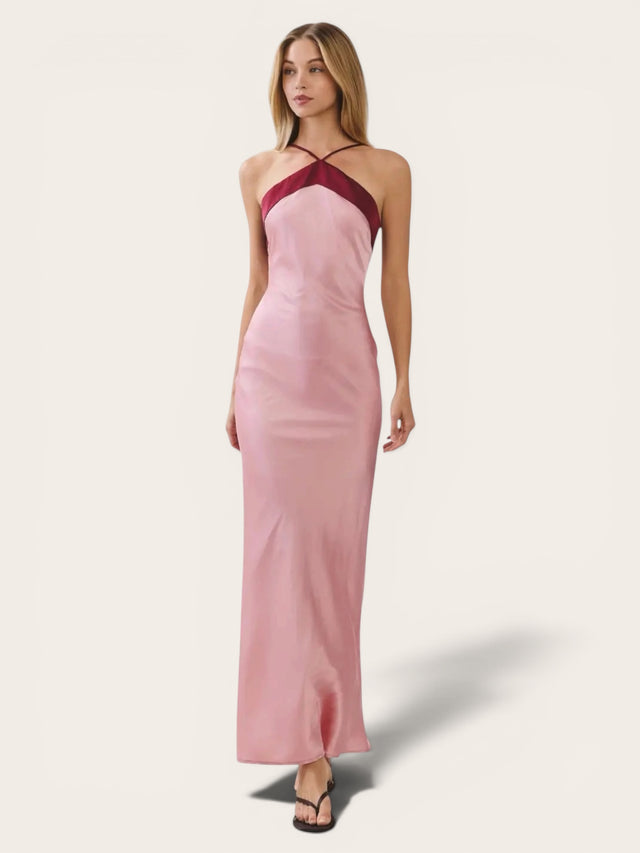 Pink Satin Halter Maxi Dress