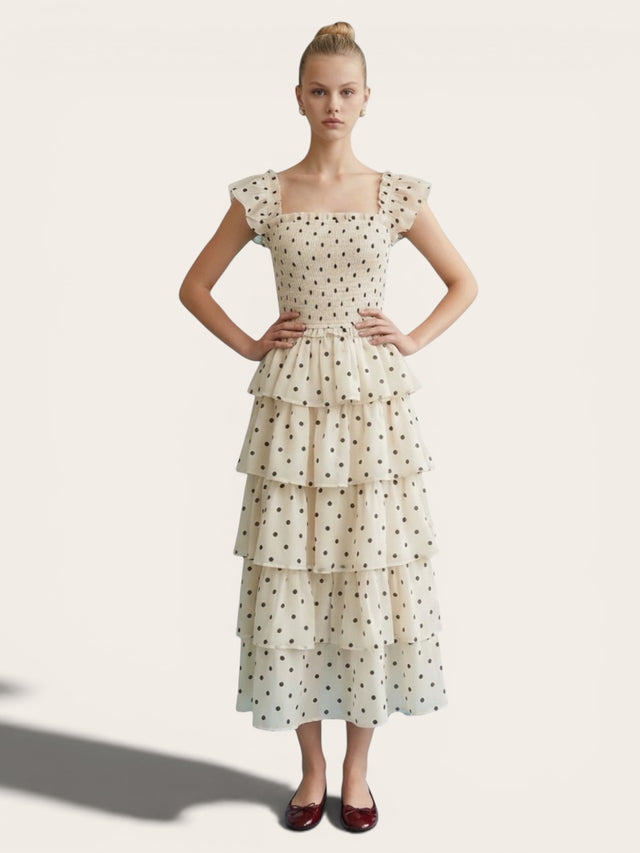 Smocked Polka Dot Tiered Midi Dress