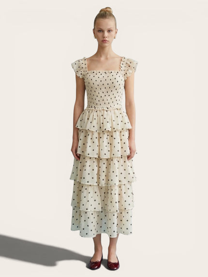 Smocked Polka Dot Tiered Midi Dress