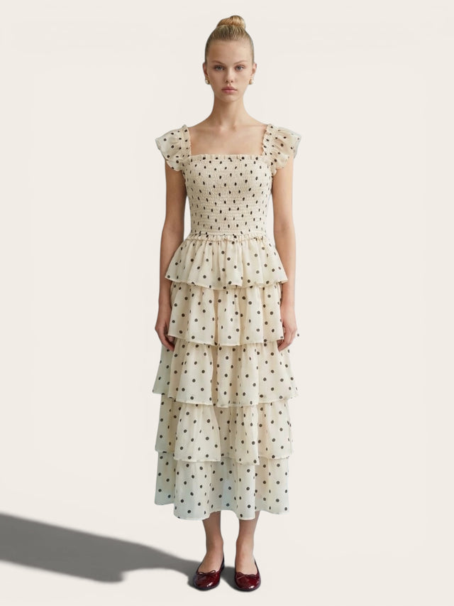 Smocked Polka Dot Tiered Midi Dress