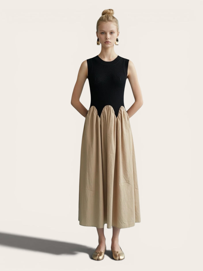 Textured Knit Contrast Midi Dress