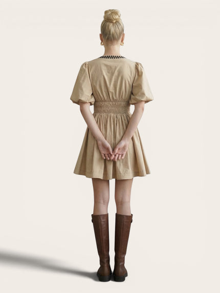 Contrast Stitch Puff Sleeve Mini Dress