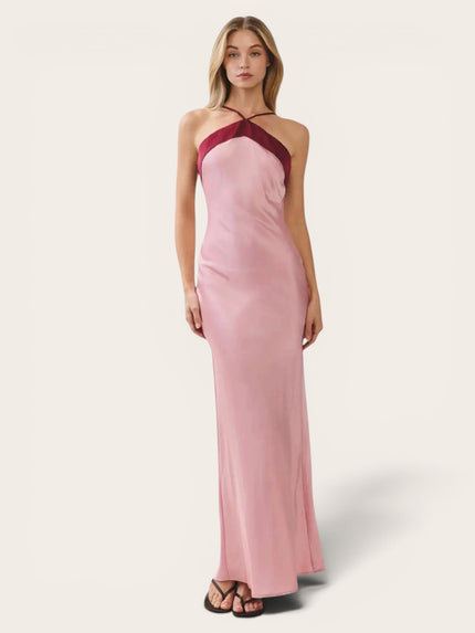 Pink Satin Halter Maxi Dress