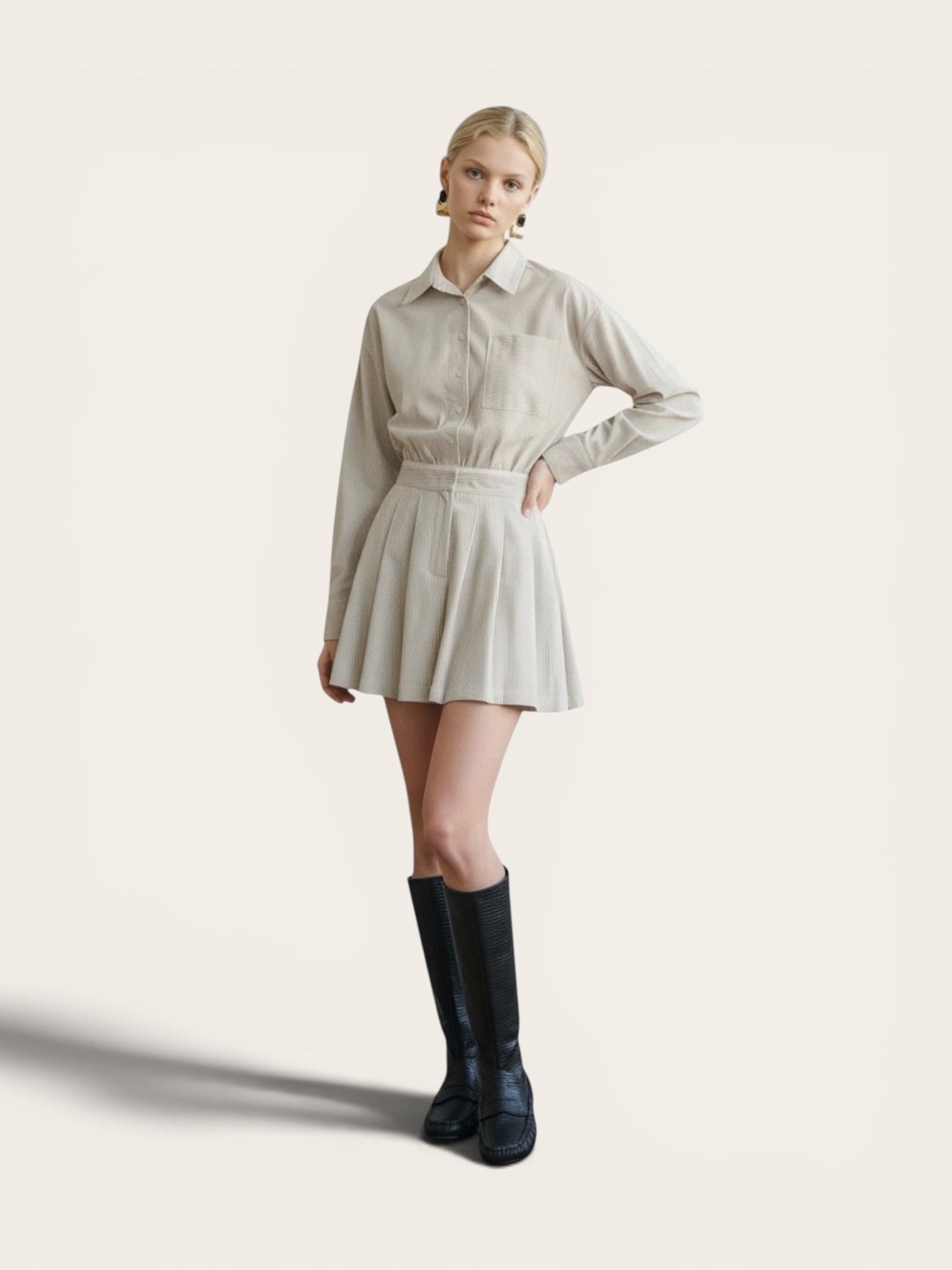 Chic Button-Up Shirt Dress with Pleated Skirt
