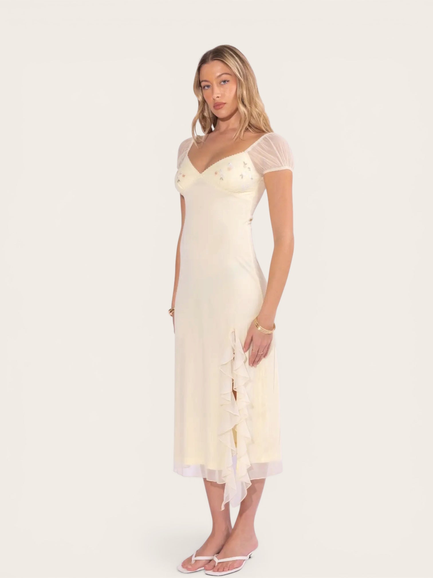 Puff Sleeve Mesh Midi Dress