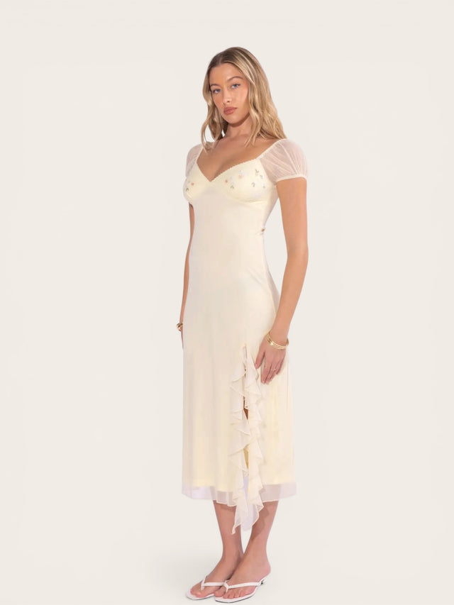 Puff Sleeve Mesh Midi Dress