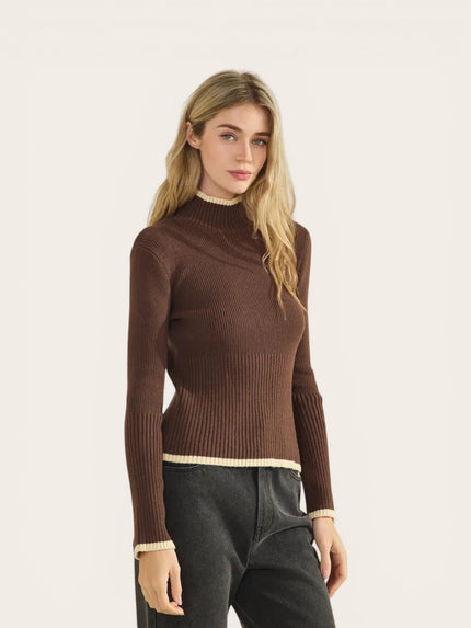 Brown Colorblock Mock Neck Sweater