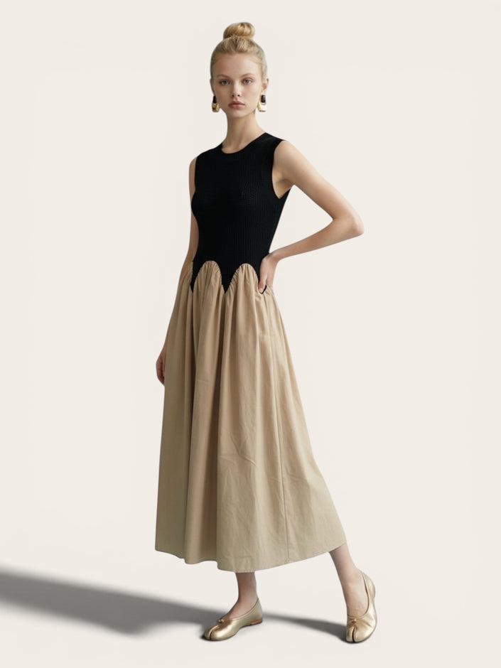 Textured Knit Contrast Midi Dress